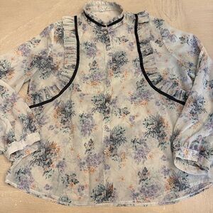 Mint floral Puff Sleeve Ruffled Blouse with Black accents pastel goth mock neck